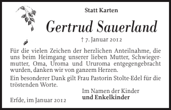 Traueranzeige von Gertrud Sauerland von Landeszeitung