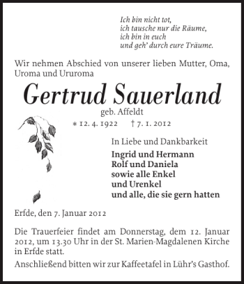 Traueranzeige von Gertrud Sauerland von Landeszeitung