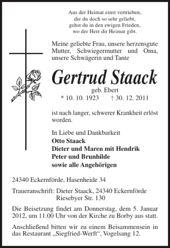 Traueranzeige von Gertrud Staack von Eckernförder Zeitung