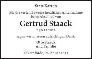 Traueranzeige von Gertrud Staack von Eckernförder Zeitung