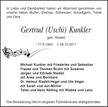 Traueranzeige von Gertrud Uschi Kunkler von Holsteinischer Courier