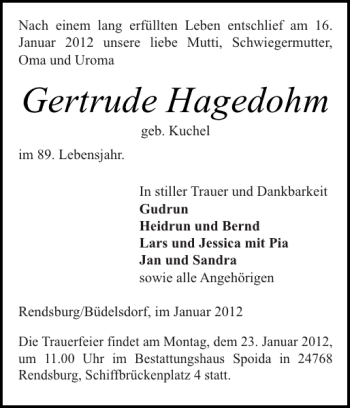 Traueranzeige von Gertrude Hagedohm von Landeszeitung