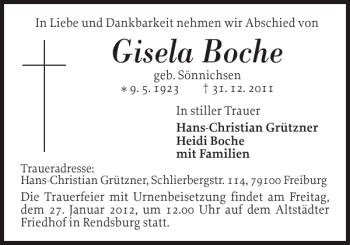 Traueranzeige von Gisela Boche von Landeszeitung