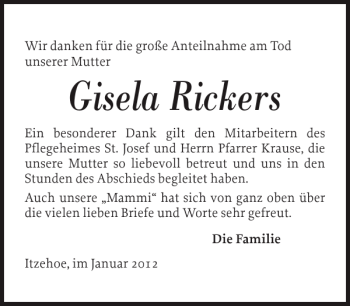 Traueranzeige von Gisela Rickers von Norddeutsche Rundschau
