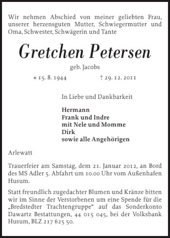 Traueranzeige von Gretchen Petersen von Flensburger Tageblatt