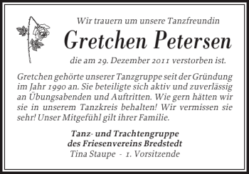 Traueranzeige von Gretchen Petersen von Husumer Nachrichten
