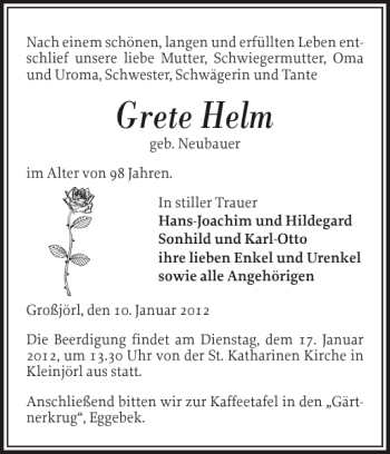 Traueranzeige von Grete Helm von Flensburger Tageblatt