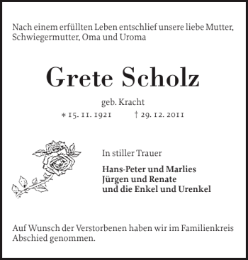 Traueranzeige von Grete Scholz von Elmshorner Nachrichten