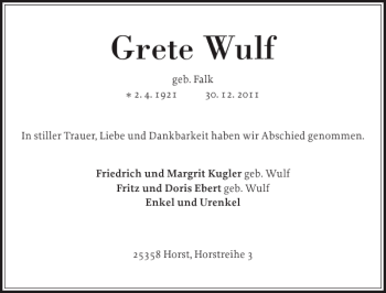 Traueranzeige von Grete Wulf von Norddeutsche Rundschau