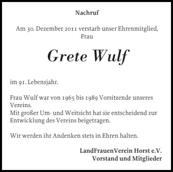 Traueranzeige von Grete Wulf von Norddeutsche Rundschau