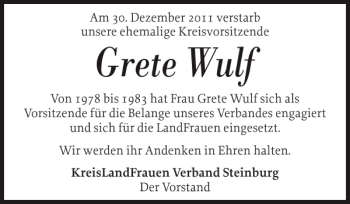 Traueranzeige von Grete Wulf von Norddeutsche Rundschau