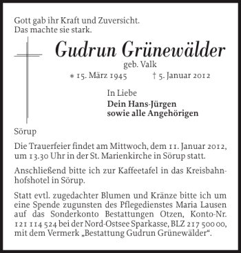 Traueranzeige von Gudrun Grünewälder von Flensburger Tageblatt