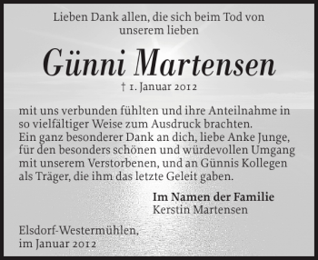 Traueranzeige von Günni Martensen von Landeszeitung