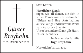 Traueranzeige von Günter Breyhahn von Norddeutsche Rundschau
