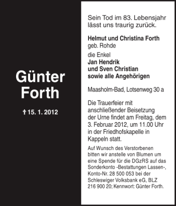 Traueranzeige von Günter Forth von Schlei-Bote