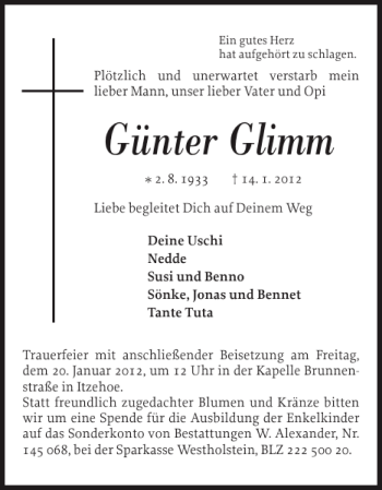 Traueranzeige von Günter Glimm von Norddeutsche Rundschau