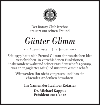 Traueranzeige von Günter Glimm von Norddeutsche Rundschau