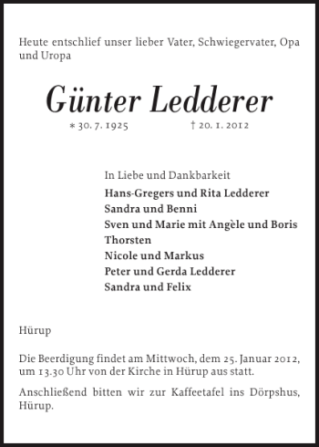 Traueranzeige von Günter Ledderer von Flensburger Tageblatt
