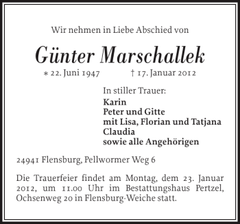 Traueranzeige von Günter Marschallek von Flensburger Tageblatt