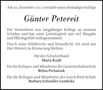 Traueranzeige von Günter Petereit von Schlei-Bote