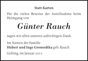 Traueranzeige von Günter Rauch von Flensburger Tageblatt