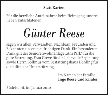 Traueranzeige von Günter Reese von Landeszeitung