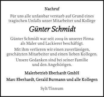 Traueranzeige von Günter Schmidt von Nordfriesland Tageblatt