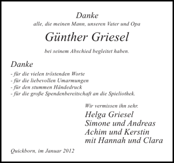 Traueranzeige von Günther Griesel von Pinneberger Tageblatt