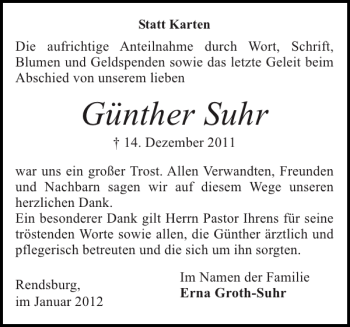 Traueranzeige von Günther Suhr von Landeszeitung