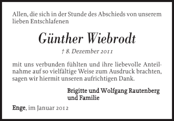 Traueranzeige von Günther Wiebrodt von Nordfriesland Tageblatt