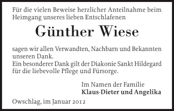 Traueranzeige von Günther Wiese von Landeszeitung