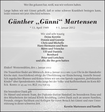 Traueranzeige von Günther Günni Martensen von Landeszeitung