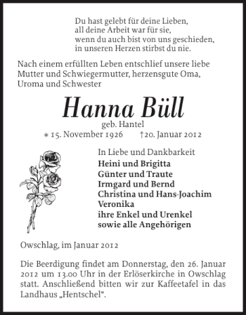Traueranzeige von Hanna Büll von Landeszeitung