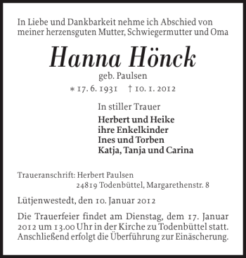Traueranzeige von Hanna Hönck von Landeszeitung