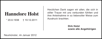 Traueranzeige von Hannelore Holst von Holsteinischer Courier