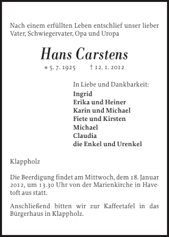 Traueranzeige von Hans Carstens von Schleswiger Nachrichten