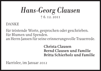 Traueranzeige von Hans-Georg Clausen von Flensburger Tageblatt