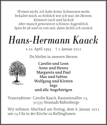 Traueranzeige von Hans-Hermann Kaack von Norddeutsche Rundschau
