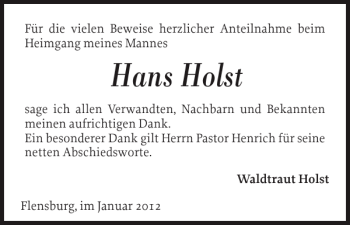 Traueranzeige von Hans Holst von Flensburger Tageblatt