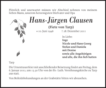 Traueranzeige von Hans-Jürgen Clausen von Flensburger Tageblatt