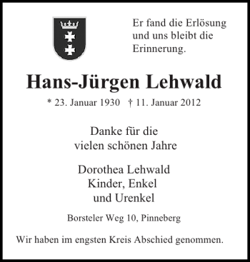 Traueranzeige von Hans-Jürgen Lehwald von Pinneberger Tageblatt