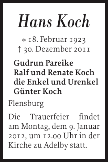 Traueranzeige von Hans Koch von Flensburger Tageblatt