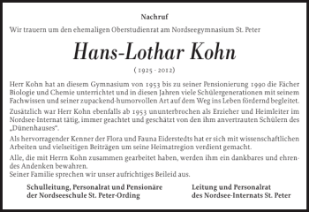 Traueranzeige von Hans-Lothar Kohn von Husumer Nachrichten