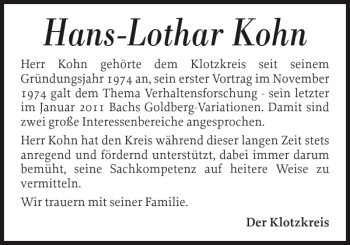 Traueranzeige von Hans-Lothar Kohn von Husumer Nachrichten