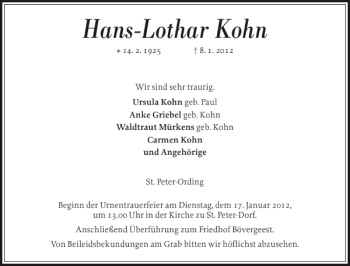 Traueranzeige von Hans-Lothar Kohn von Husumer Nachrichten