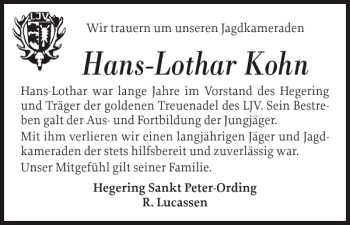 Traueranzeige von Hans-Lothar Kohn von Husumer Nachrichten