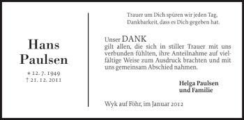 Traueranzeige von Hans Paulsen von Der Insel-Bote