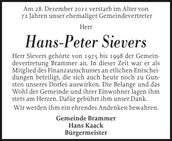 Traueranzeige von Hans-Peter Sievers von Landeszeitung