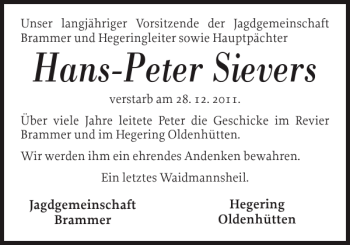 Traueranzeige von Hans-Peter Sievers von Landeszeitung
