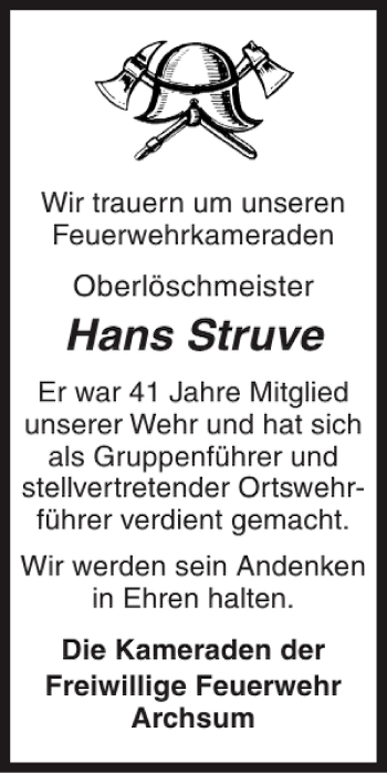 Traueranzeige von Hans Struve von Sylter Rundschau